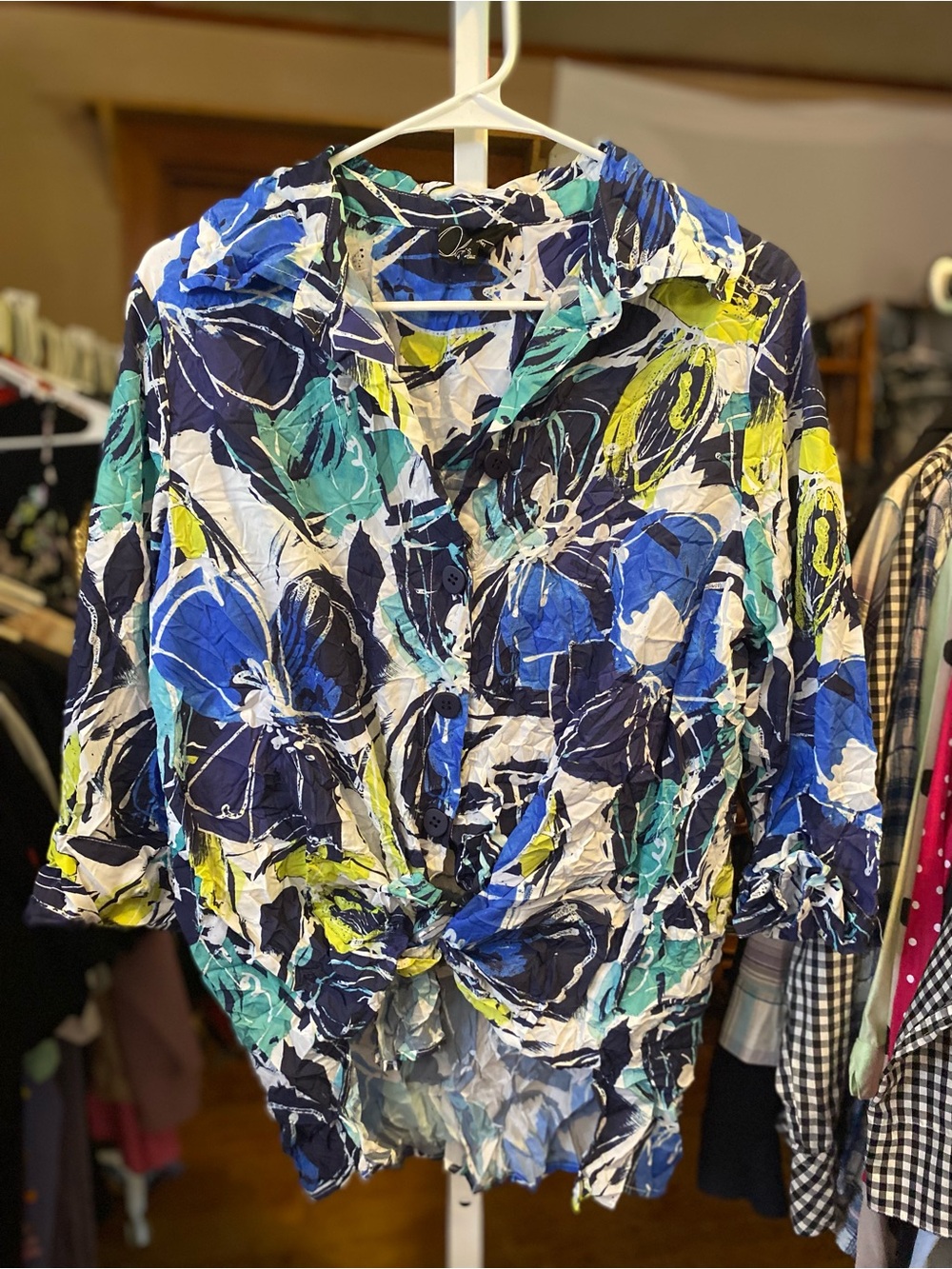 Button-Front Floral Tie-Hem Women's Shirt in Blue & Teal